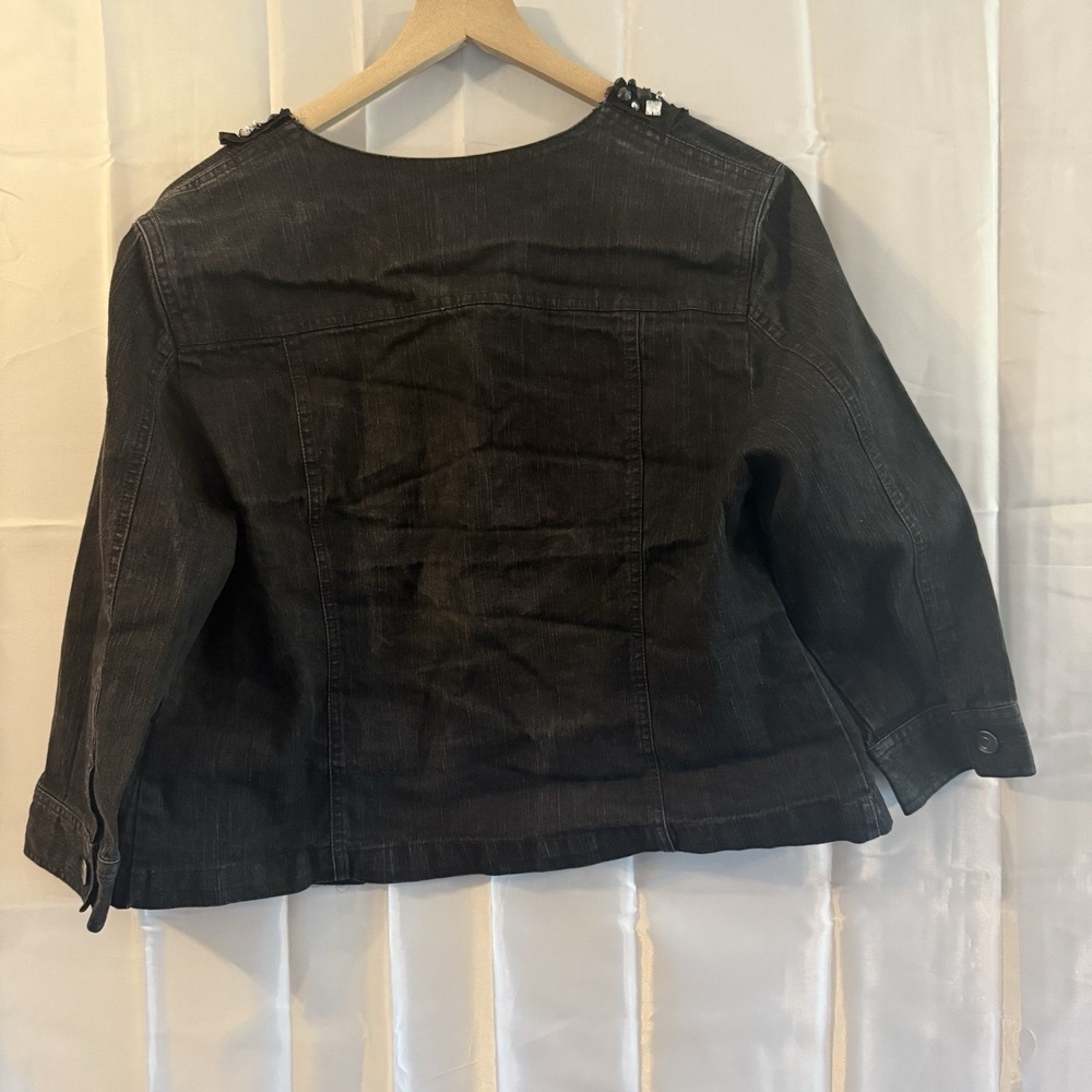 Ruby Rd Womens 14P Petite Stretch Black Denim Jacket Ruffled Bling 3/4 Sleeve - Picture 3 of 6